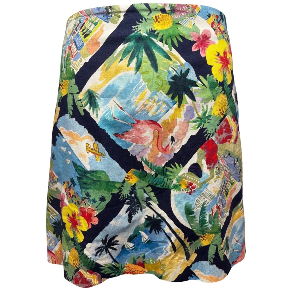 J. CREW Navy Tropical Postcard‎ Flamingo Mini Skirt Sz 14 Kitschy Retro Preppy